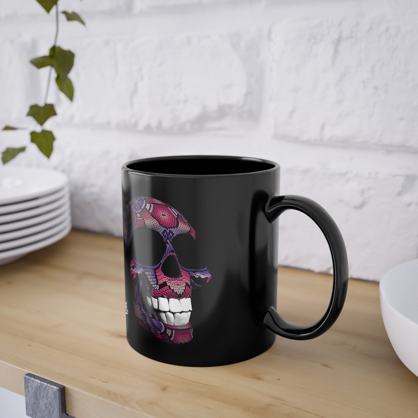 Huichol Art Skull # 3/ Black Coffee Cup, 11oz