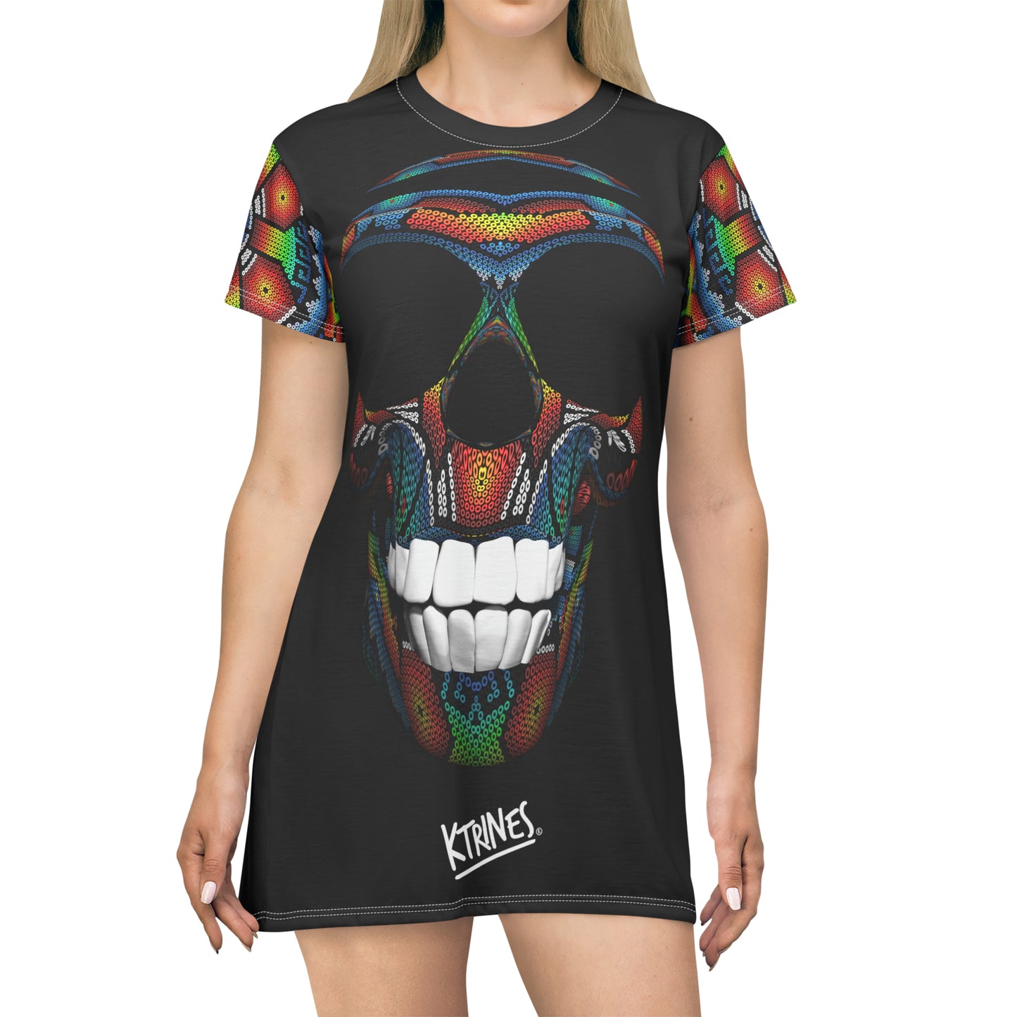 Skull on Huichol Art # 2 / T-Shirt Dress (AOP)