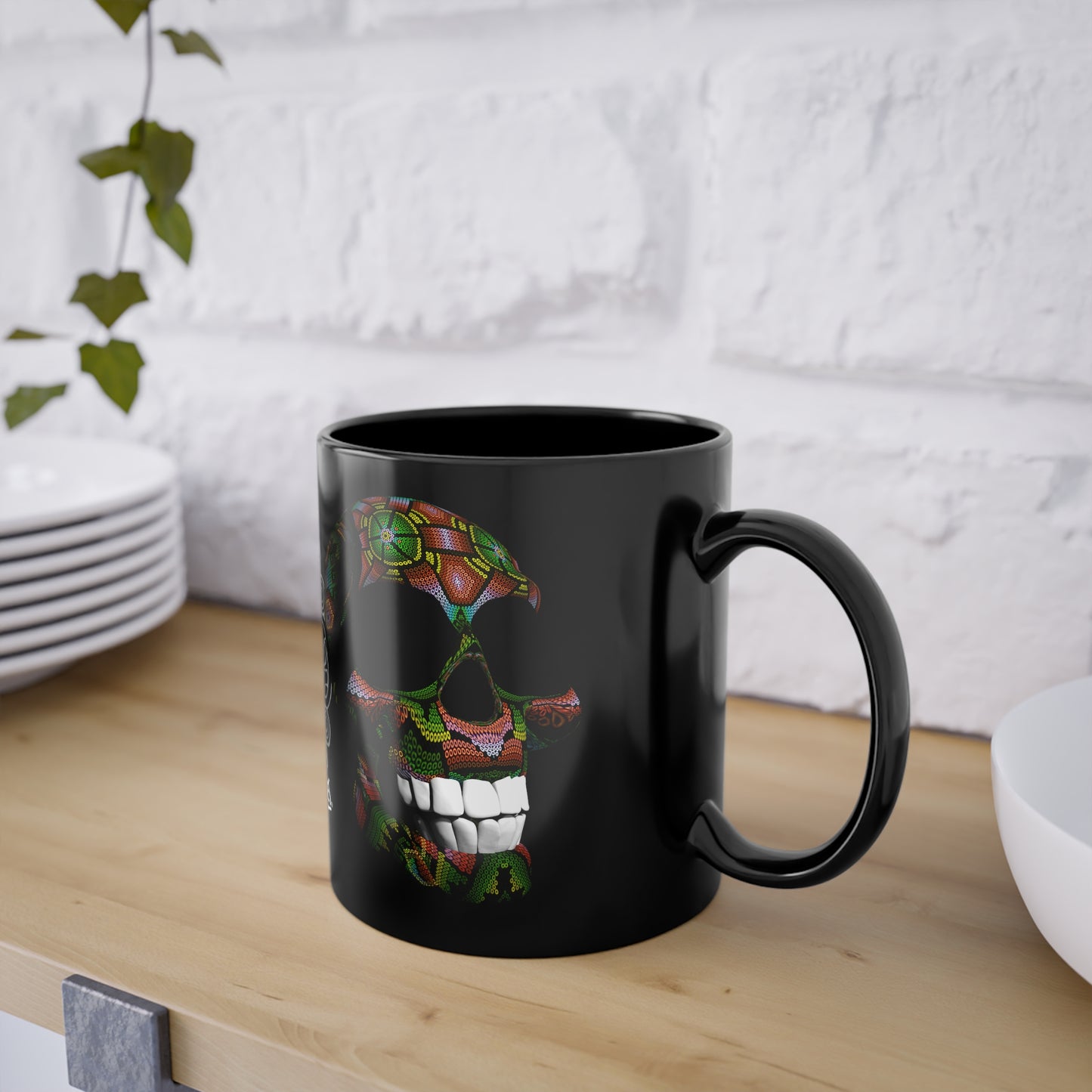 Huichol Art Skull # 9/ Black Coffee Cup, 11oz