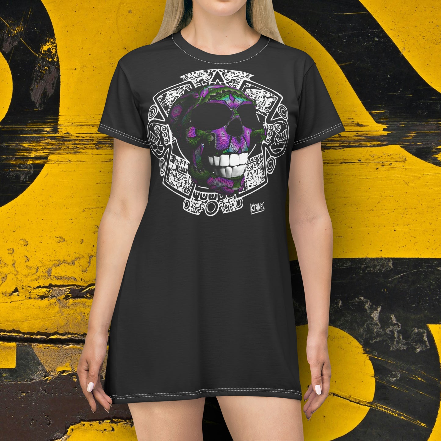 Skull on Huichol Art # 3 / T-Shirt Dress (AOP)