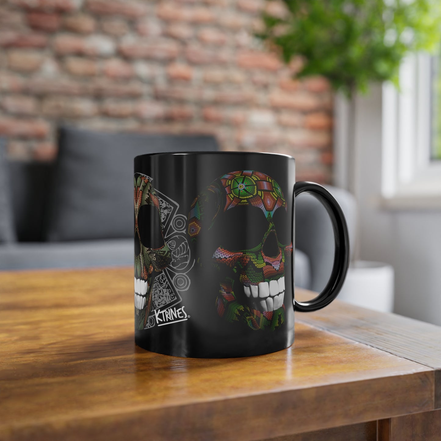 Huichol Art Skull # 9/ Black Coffee Cup, 11oz