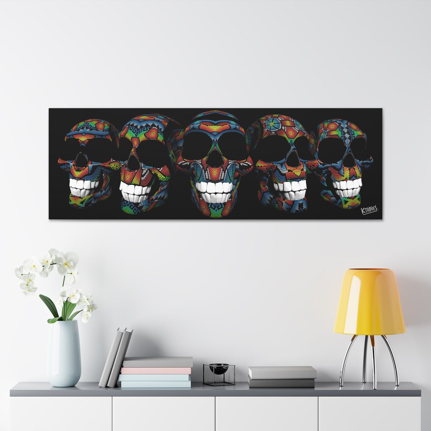 5 SKULLS ON HUICHOL ART / Canvas Gallery Wraps