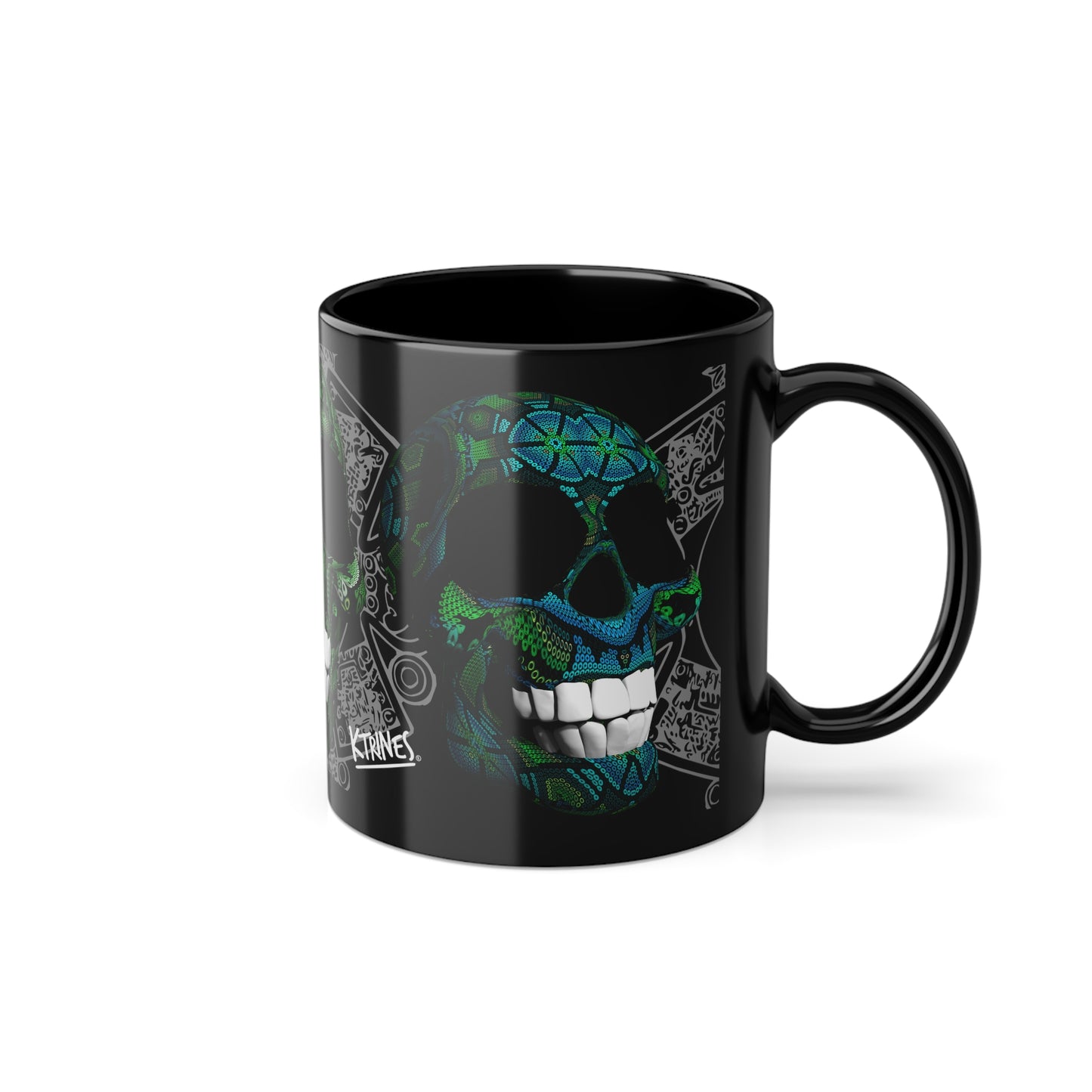 Huichol Art Skull # 1/ Black Coffee Cup, 11oz