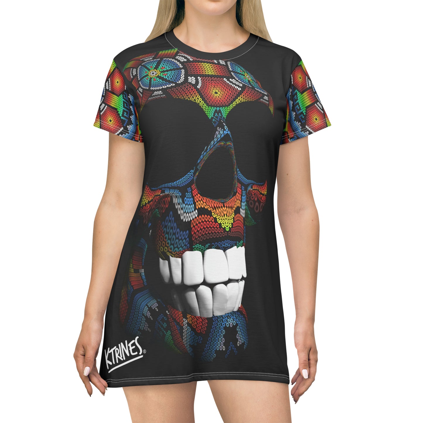 Skull on Huichol Art  # 1 / T-Shirt Dress (AOP)