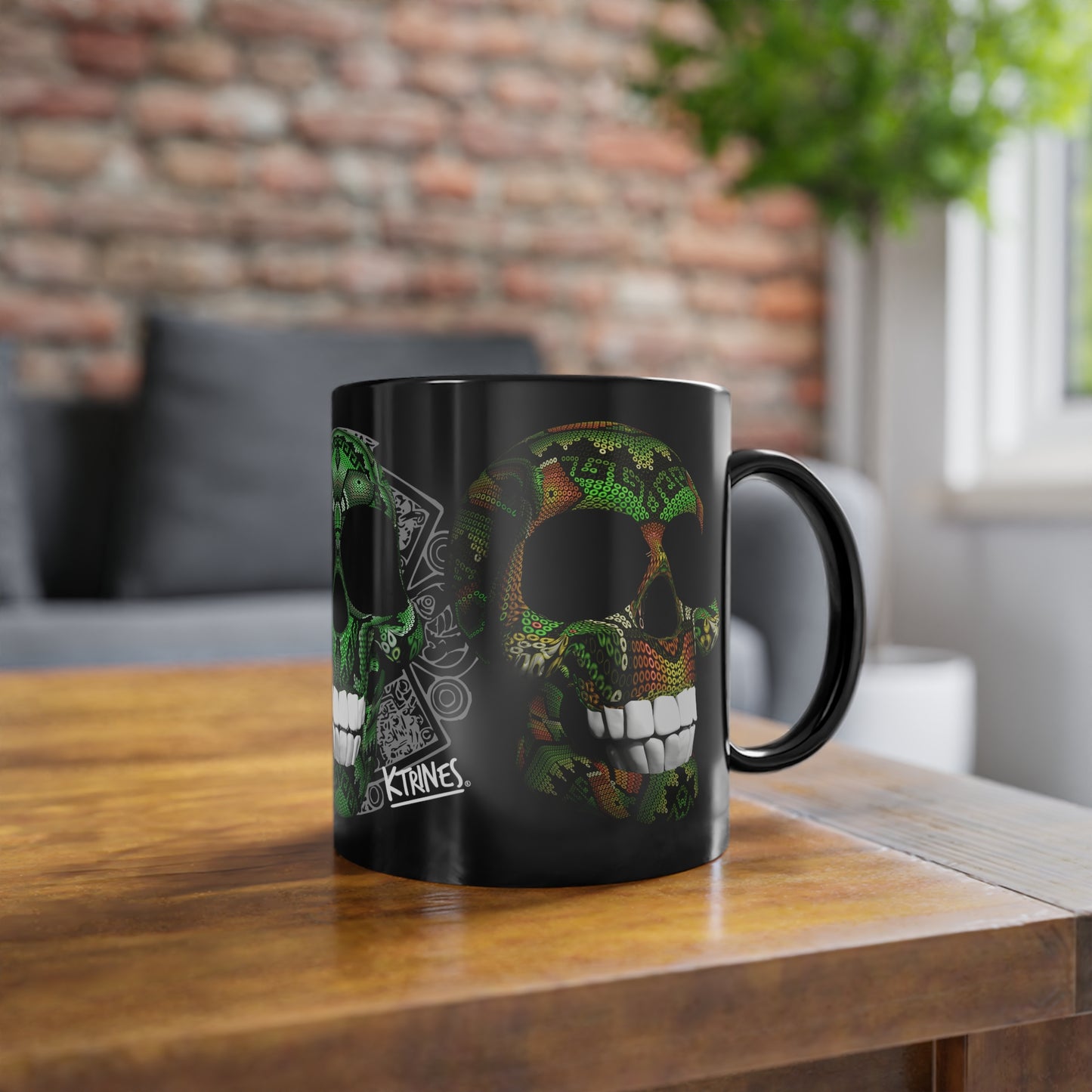 Huichol Art Skull # 8 / Black Coffee Cup, 11oz