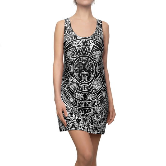 Aztec Calendar B/W # 2 / Women's Cut & Sew Racerback Dress (AOP)