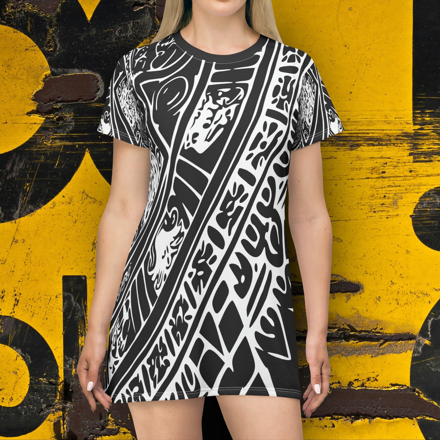 Aztec Art B/W # 2 / T-Shirt Dress (AOP)