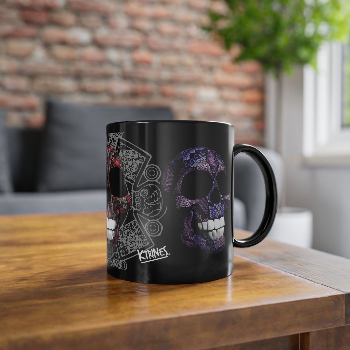 Huichol Art Skull # 4/ Black Coffee Cup, 11oz