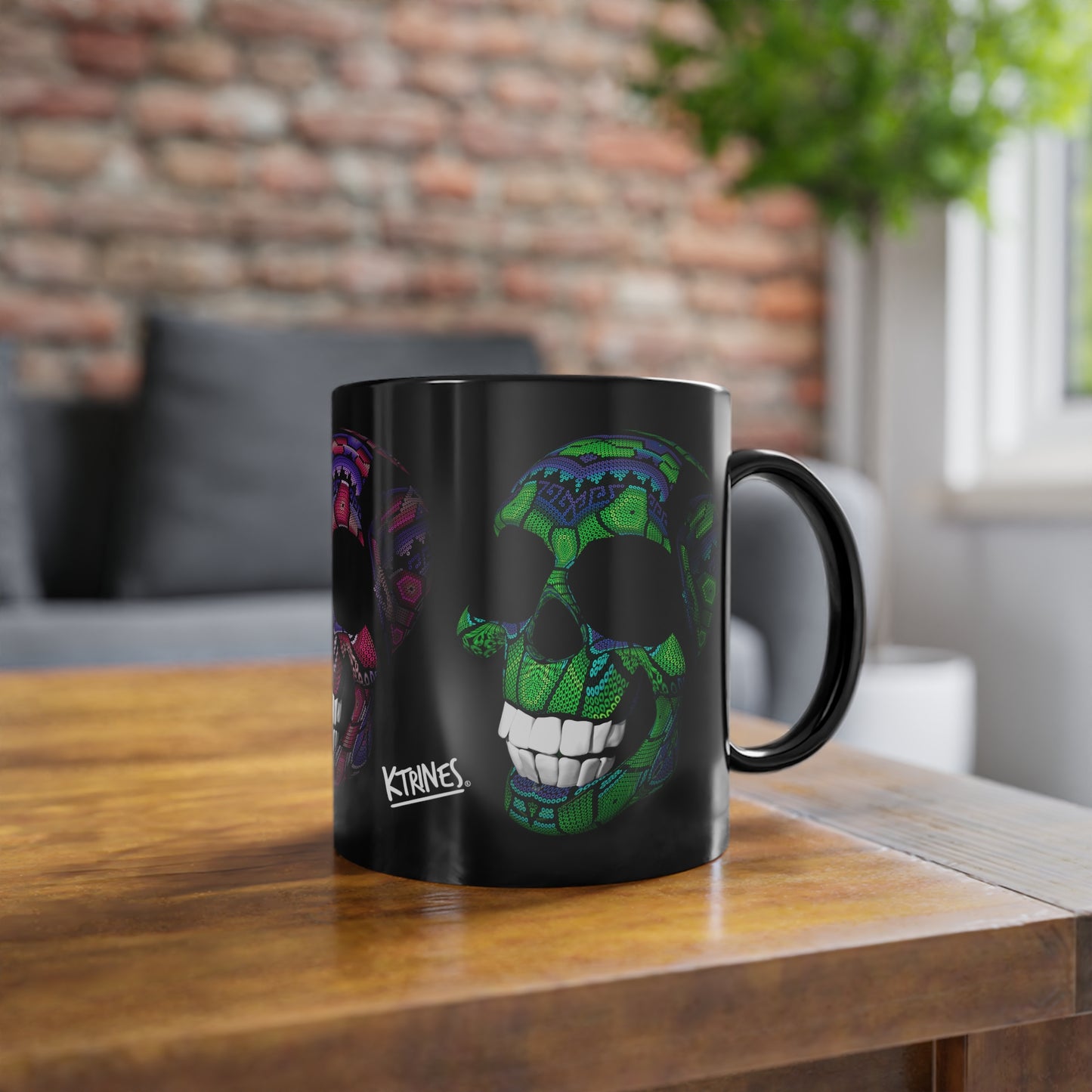 Huichol Art Skull # 5/ Black Coffee Cup, 11oz